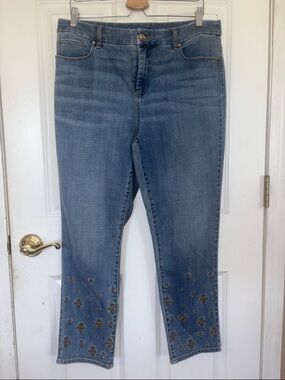 Chico's Blue Cropped Jeans with Hem Embellishments
